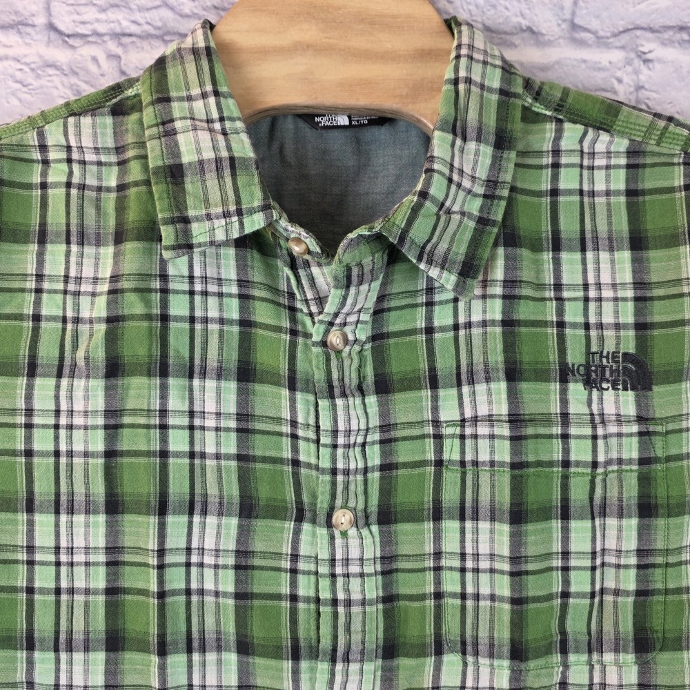North Face Men Short Sleeve Green Button Plaid Soft Cotton‎ Outdoor Shirt Sz XL